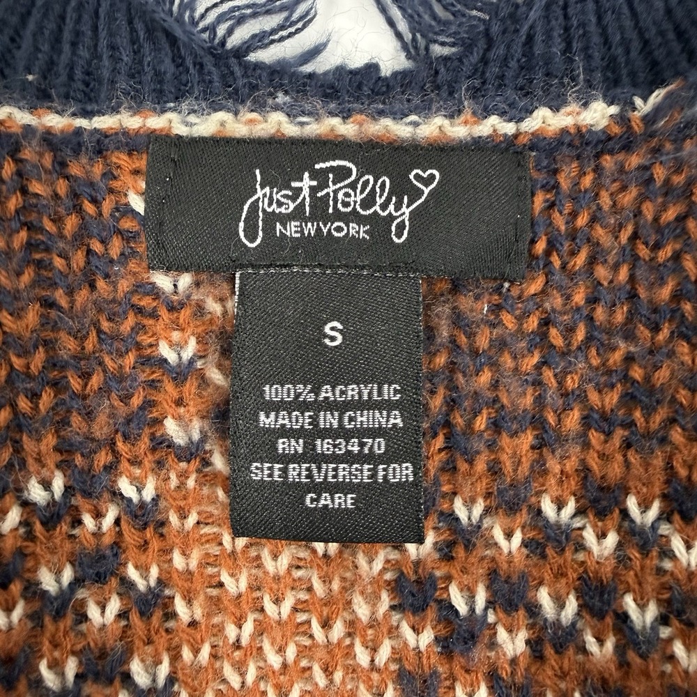 Just Polly New York Cream Navy Plaid Distressed Frayed Cropped Sweater Small - Picture 2 of 4